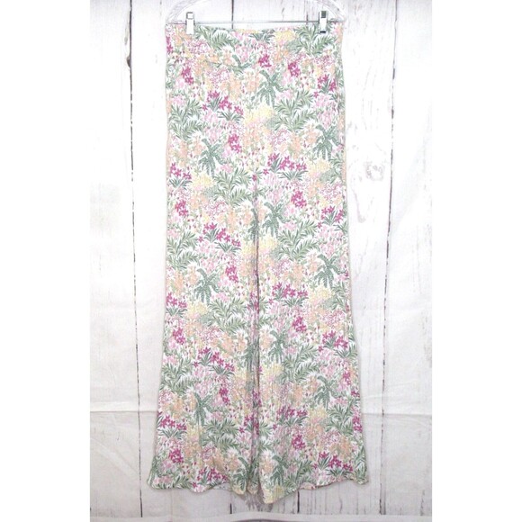 Wonderly Boho Wide Leg Pants Lined Pocket Pink Floral Smocked Waist Size Large - Picture 1 of 7